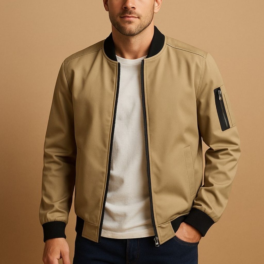 Polyester bomber with ribbed collar and zip closure for men