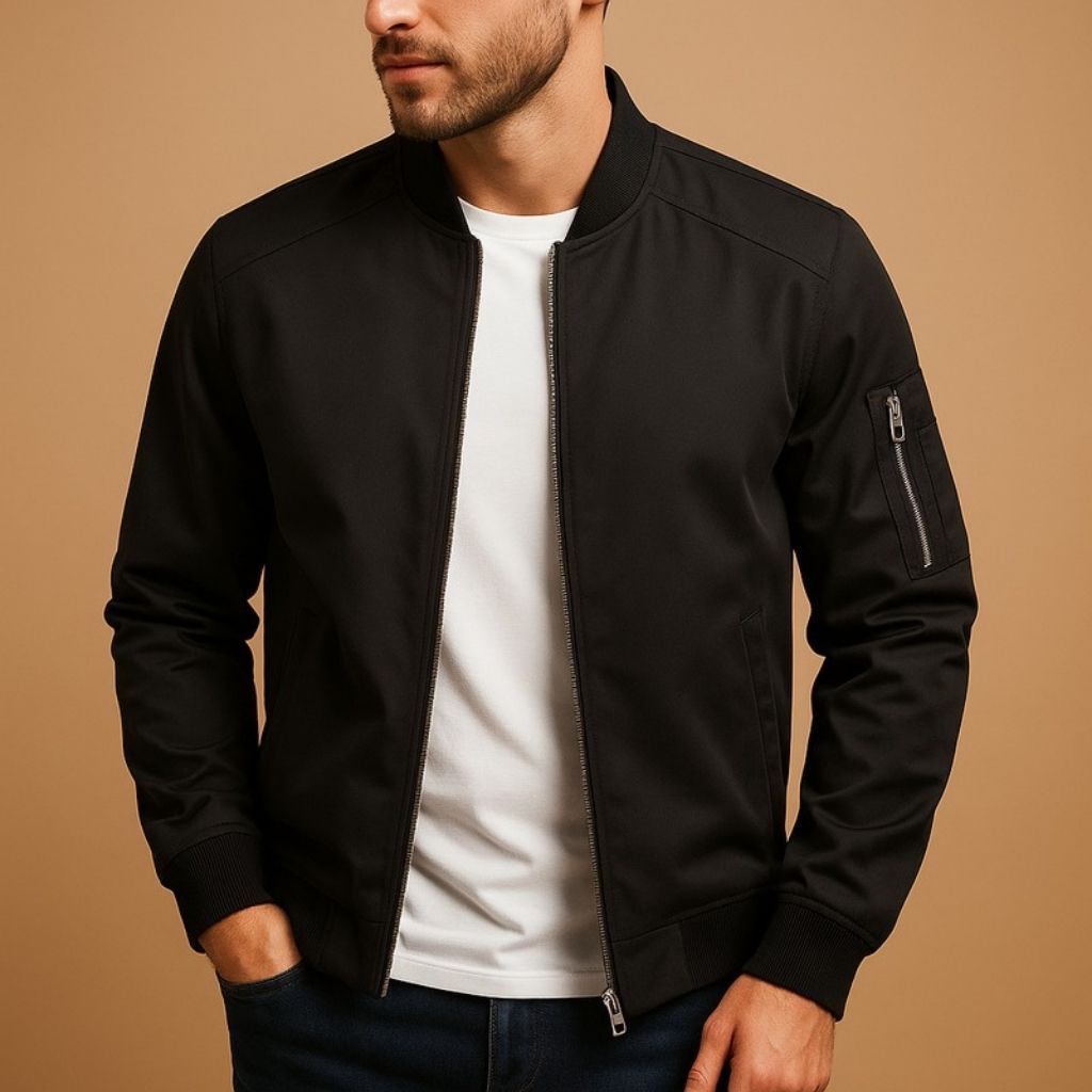 Woven shell bomber featuring ribbed collar and side pockets