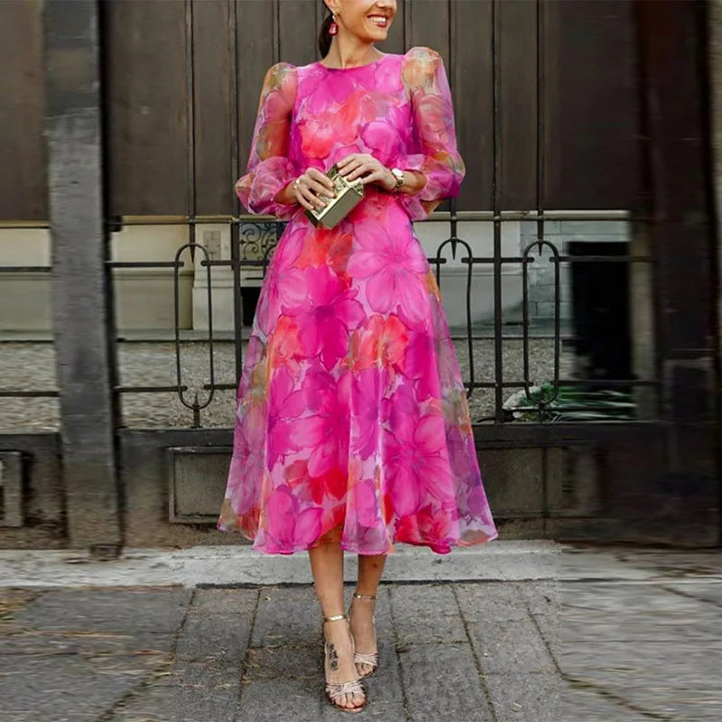 Women's Floral Midi Dress Long Sleeve