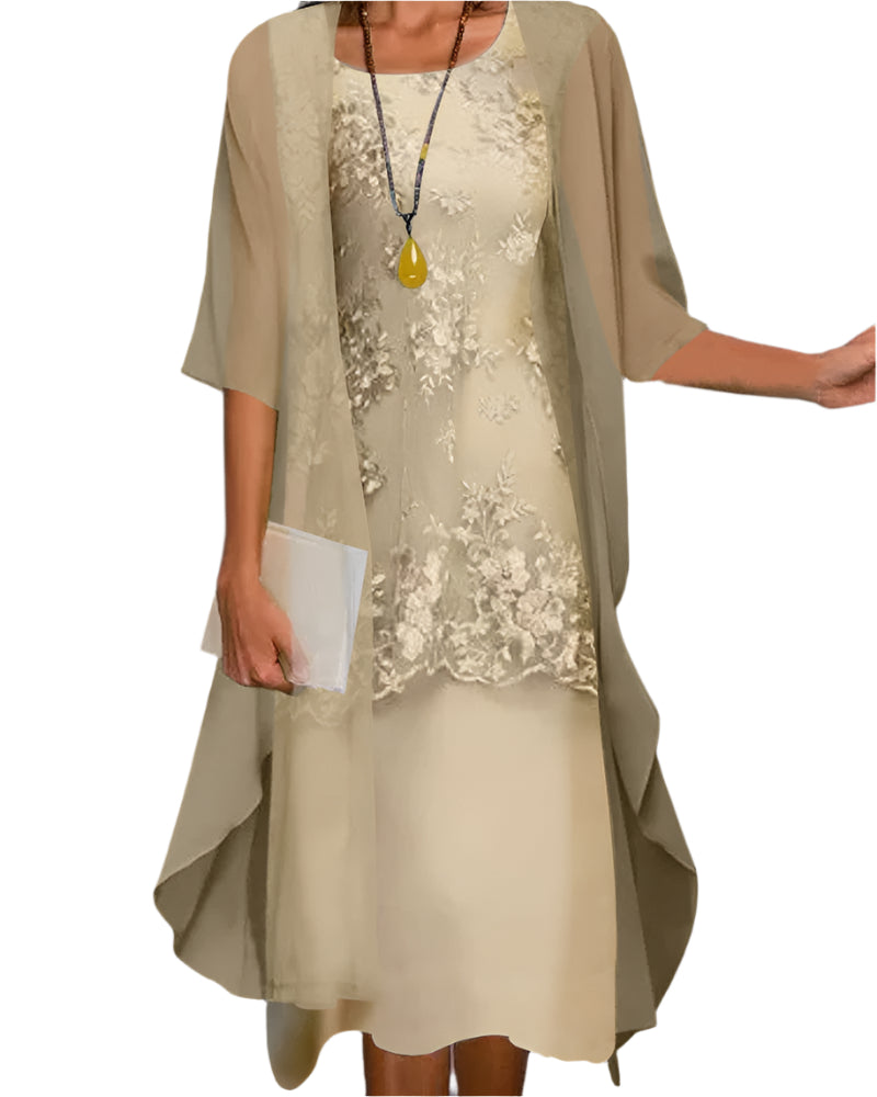 Women's Midi Dress Sheer Sleeves V-Neck Casual