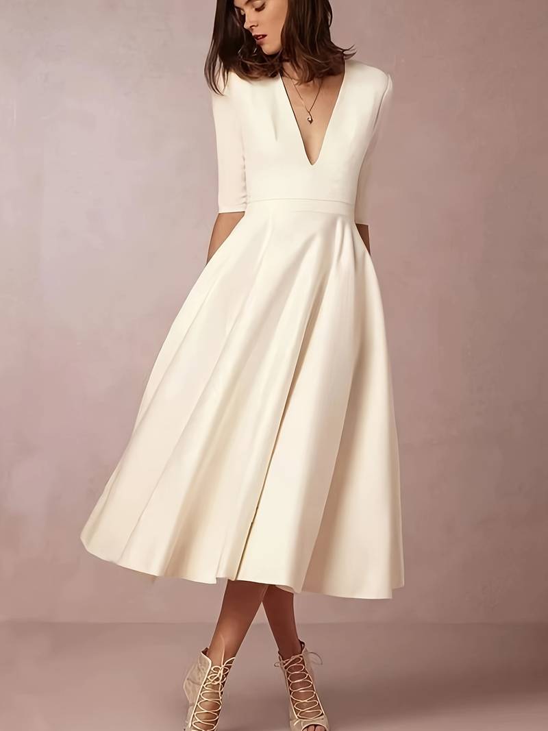 Women's Flared Midi Dress | V-Neck, Short Sleeve, A-Line Silhouette