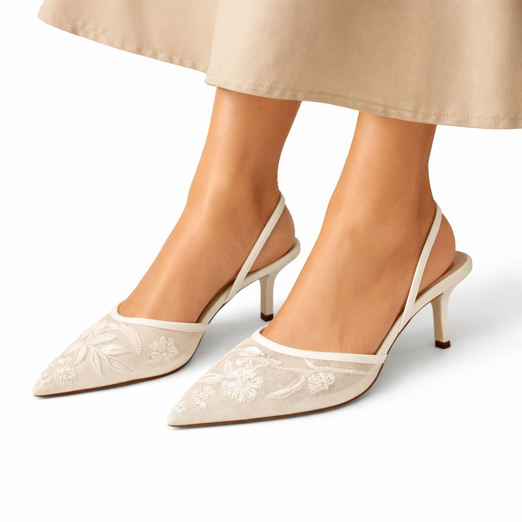 Women's Mule Heels – Embroidered Floral, Pointed Toe, Slip-On
