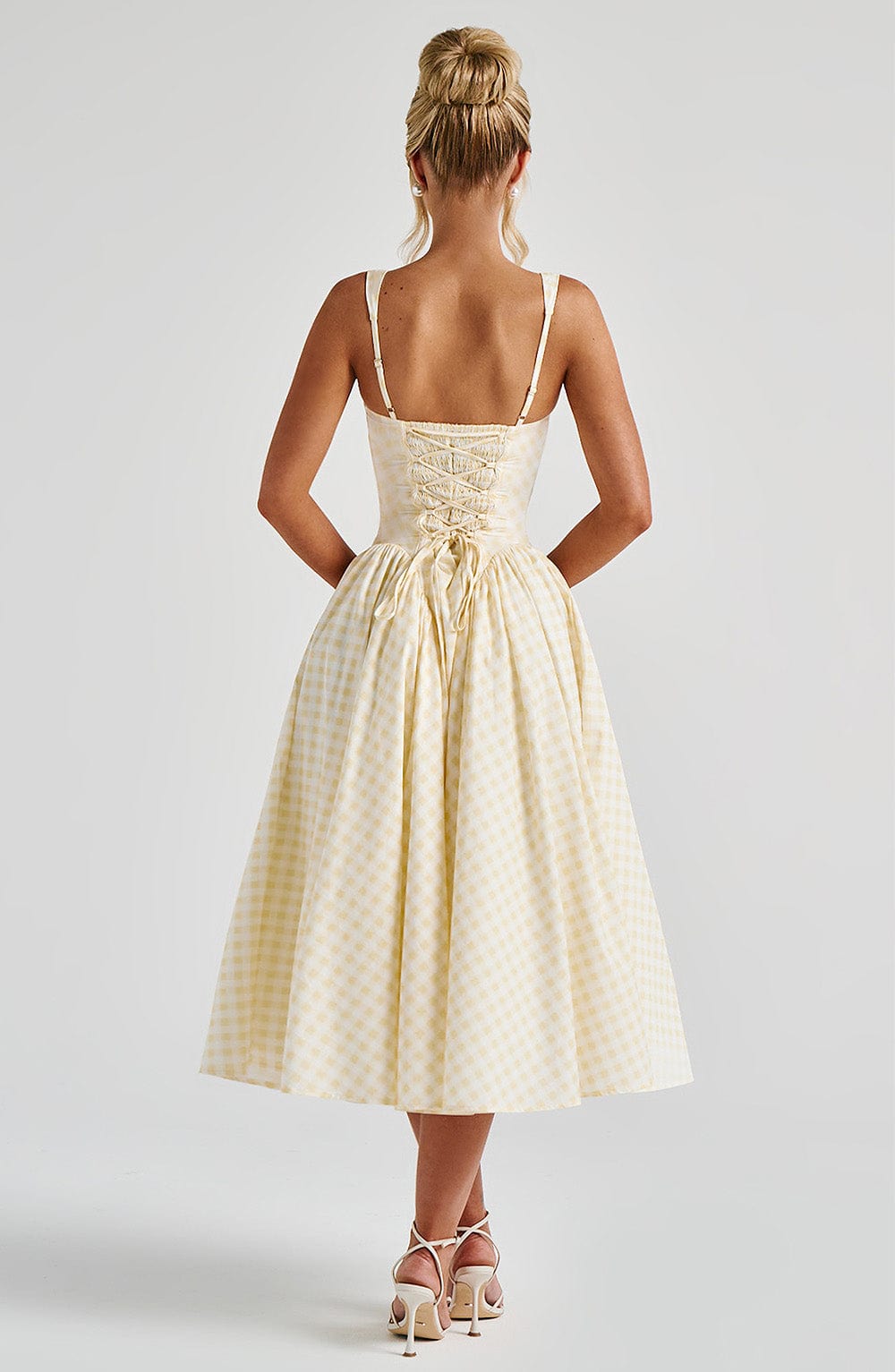 Women's Gingham Midi Dress Fitted Bodice Sleeveless Casual