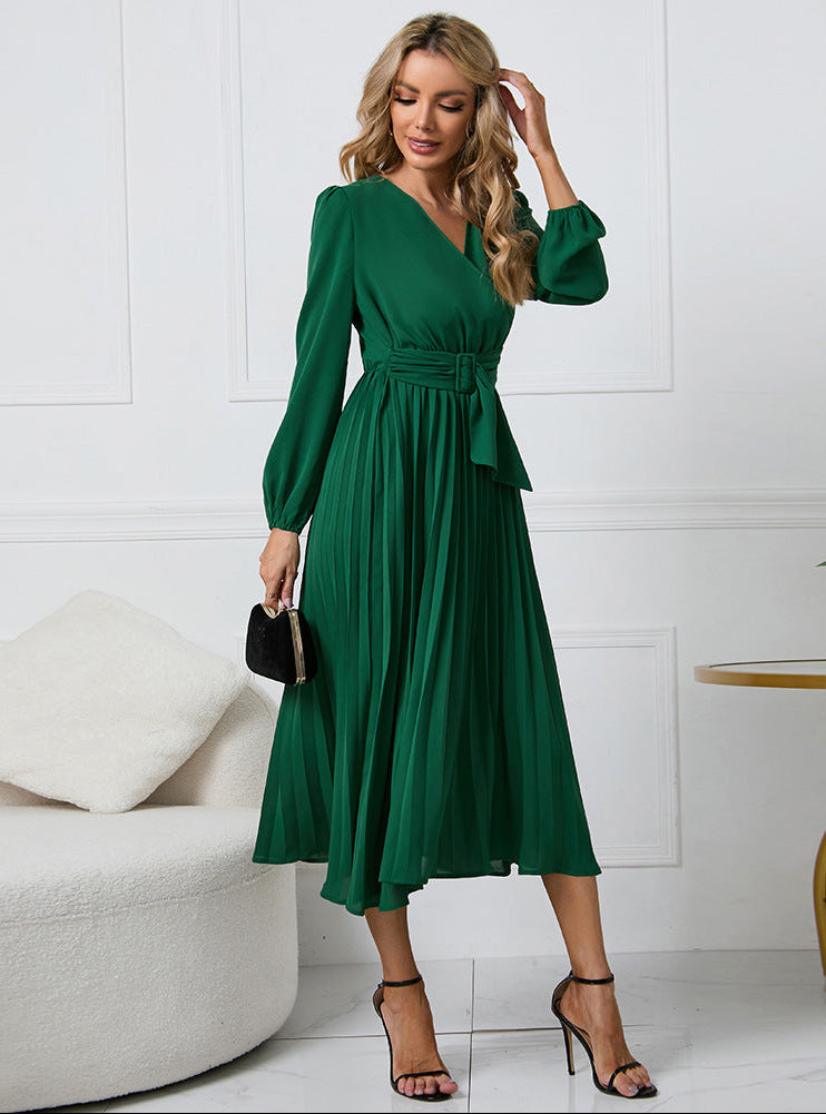 Women's Midi Formal Dress Long Sleeve V-Neck