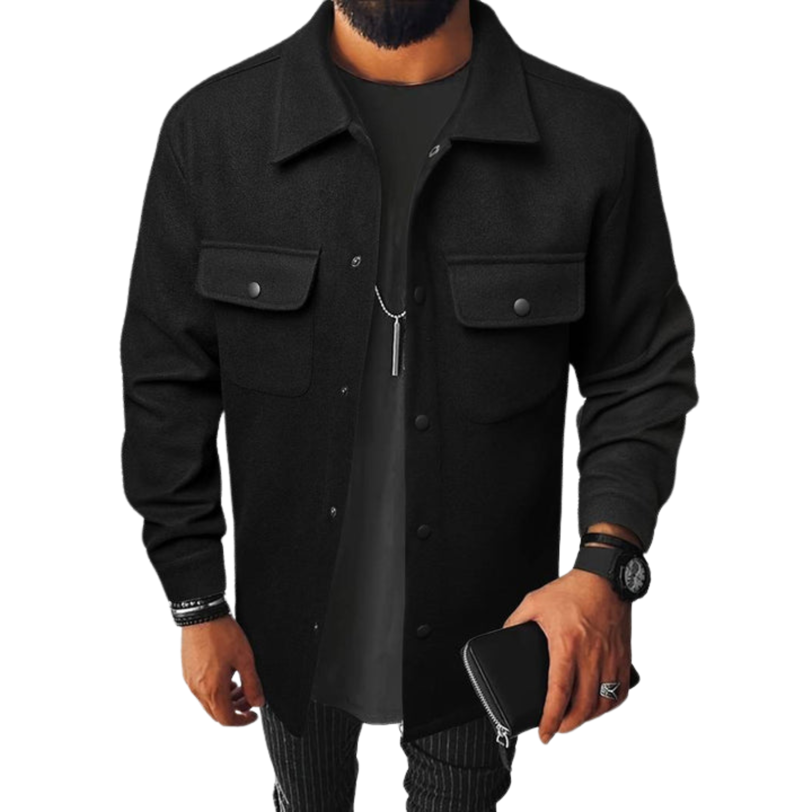 NOUVEAU RICHE Herren-Hemdjacke Knopfverschluss Vielseitigkeit Übergangs Schwarz