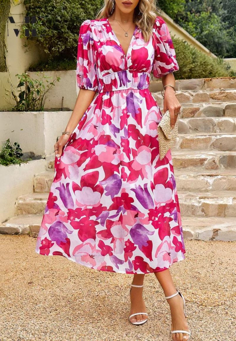 Women's Floral Midi Dress V-Neck Short Sleeve Casual