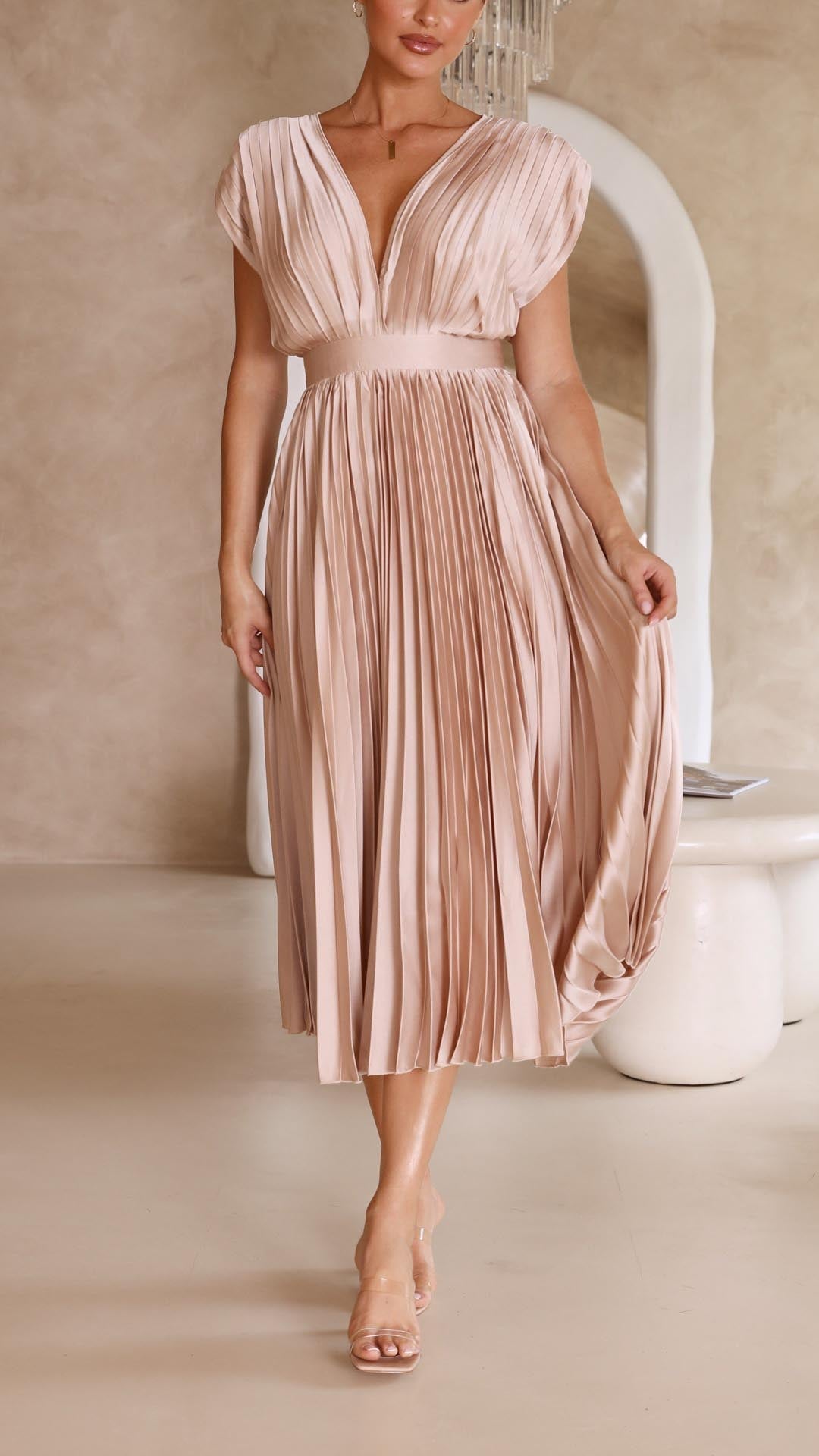 Women's Midi Dress Pleated V-Neck Sleeveless Casual