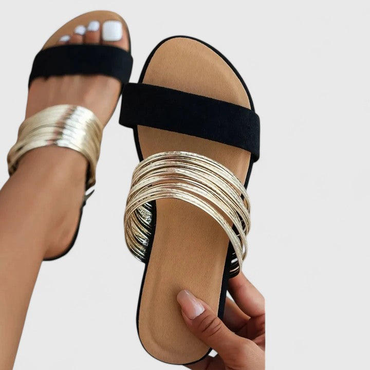 Women's Slip-On Sandals Cushioned Sole Gold Accents Casual Footwear