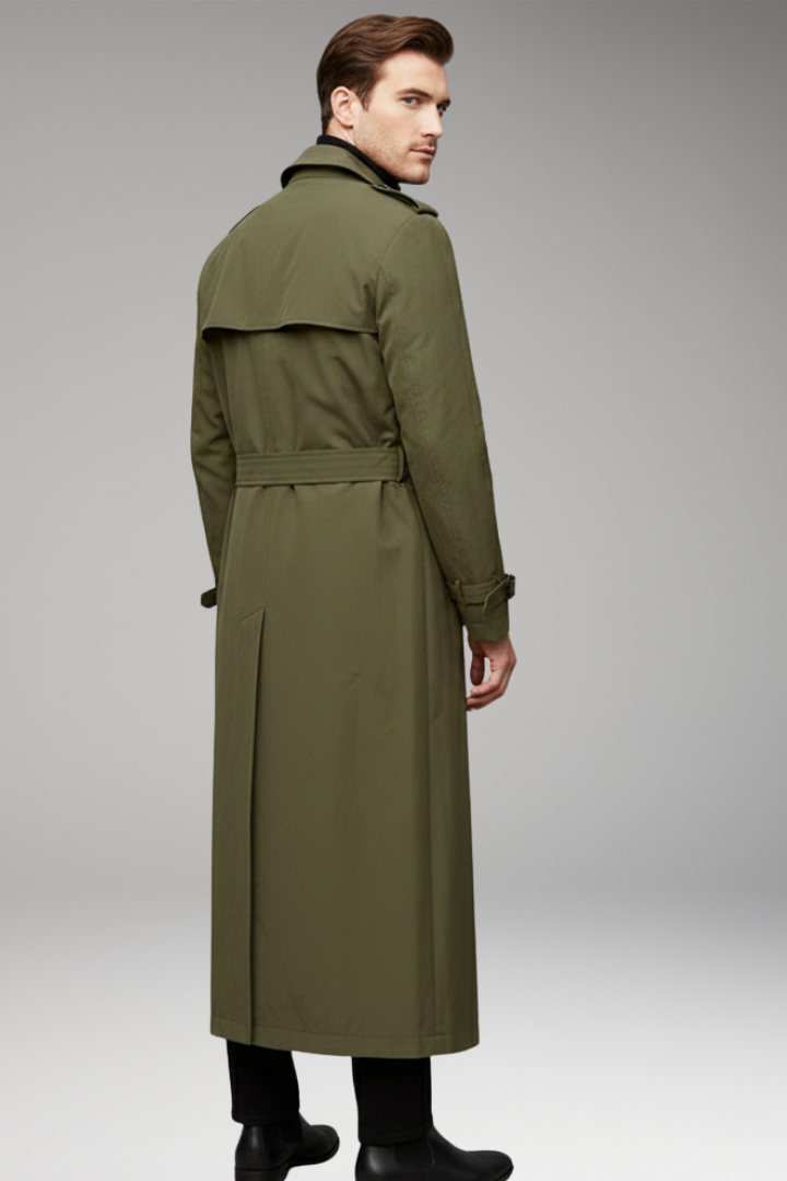 Men’s Long Trench Coat with Belt and Front Button Design