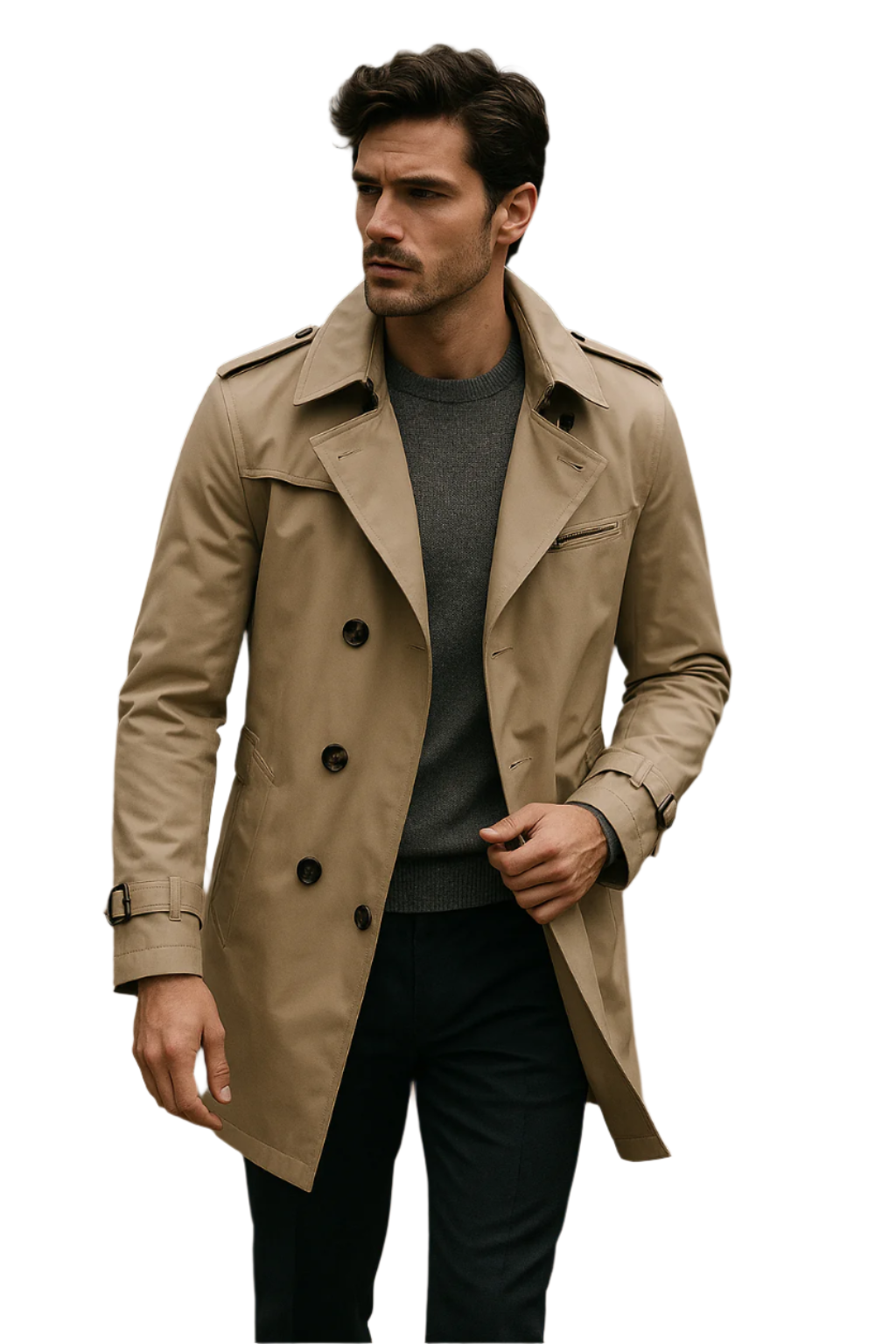 Men's Trench Coat Double-breasted Texture Soft Blended