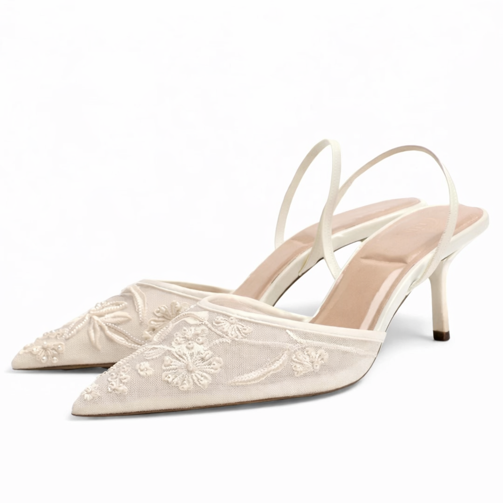 Women's Mule Heels – Embroidered Floral, Pointed Toe, Slip-On