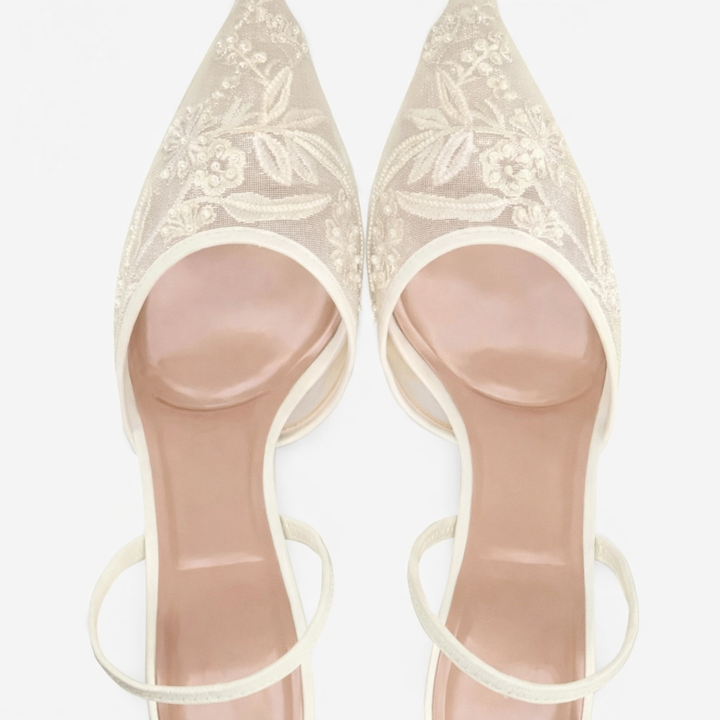 Women's Mule Heels – Embroidered Floral, Pointed Toe, Slip-On