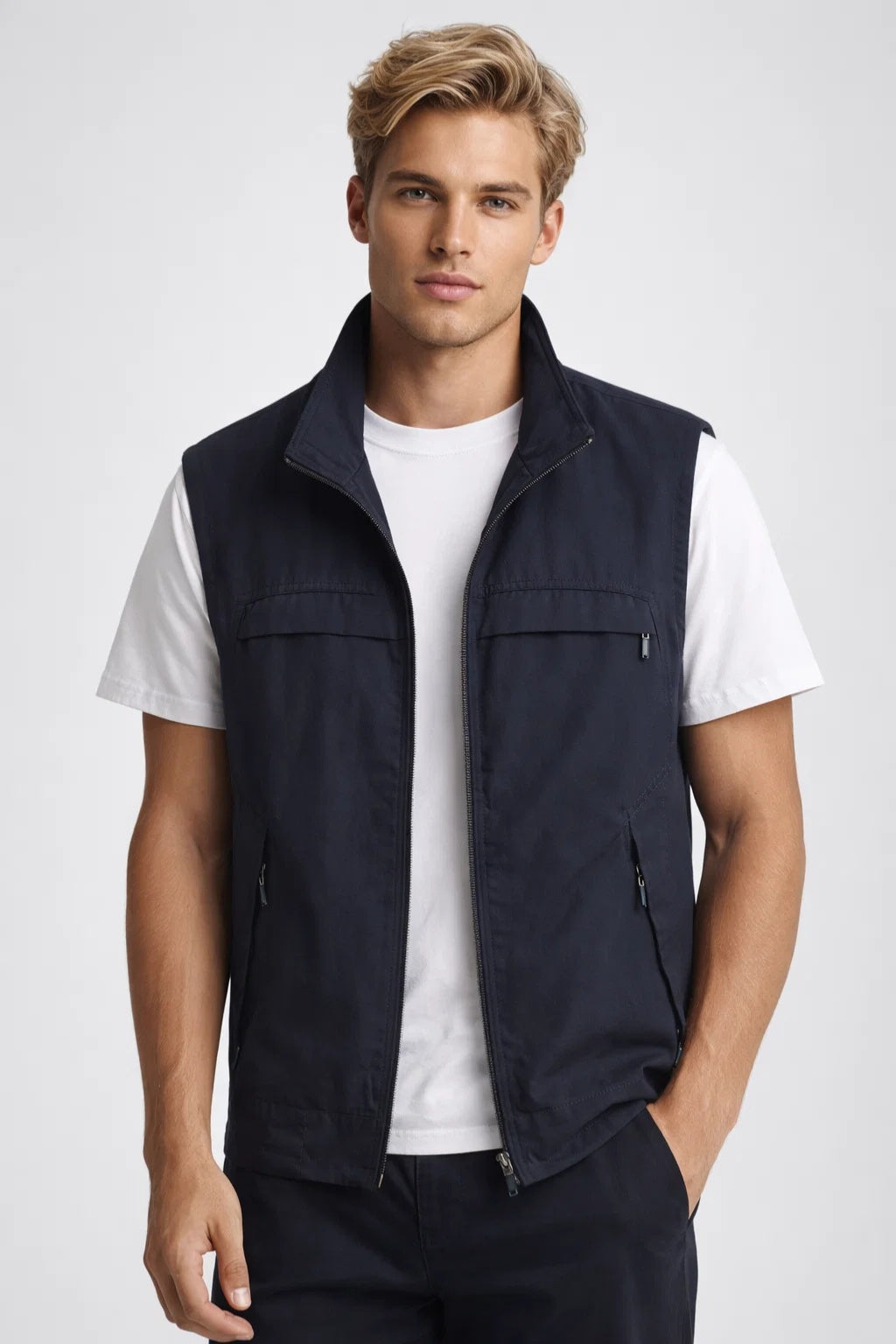 Men's stand collar vest showcasing utility styling
