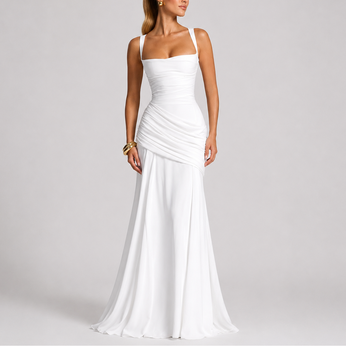 Women's Maxi Evening Dress Ruched Long Sleeve V-Neck Formal