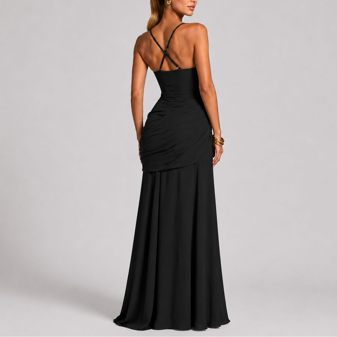 Women's Maxi Evening Dress Ruched Long Sleeve V-Neck Formal