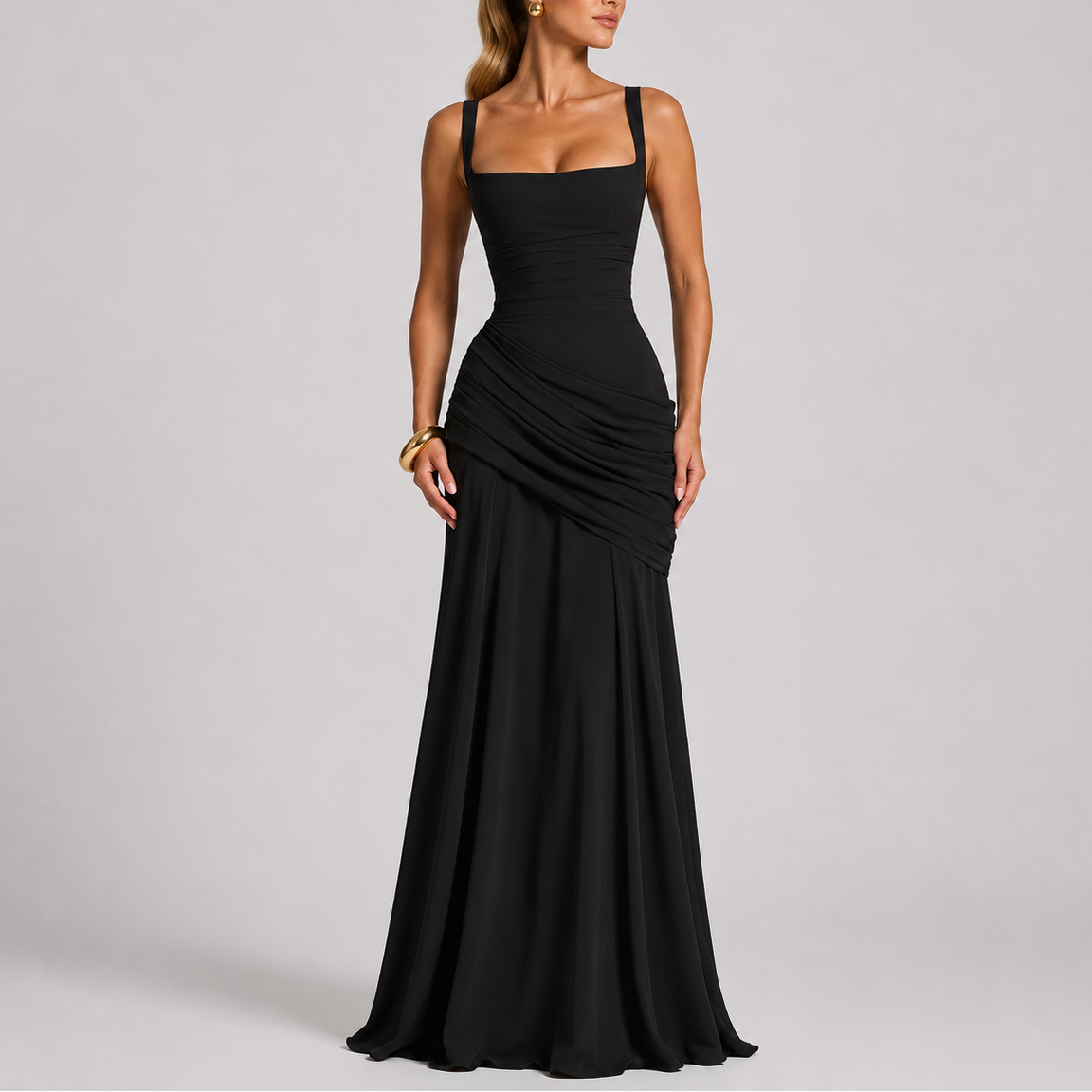 Women's Maxi Evening Dress Ruched Long Sleeve V-Neck Formal