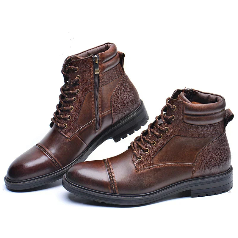 Men's Boot Leather Lace Up Side Zipper Textured Panel