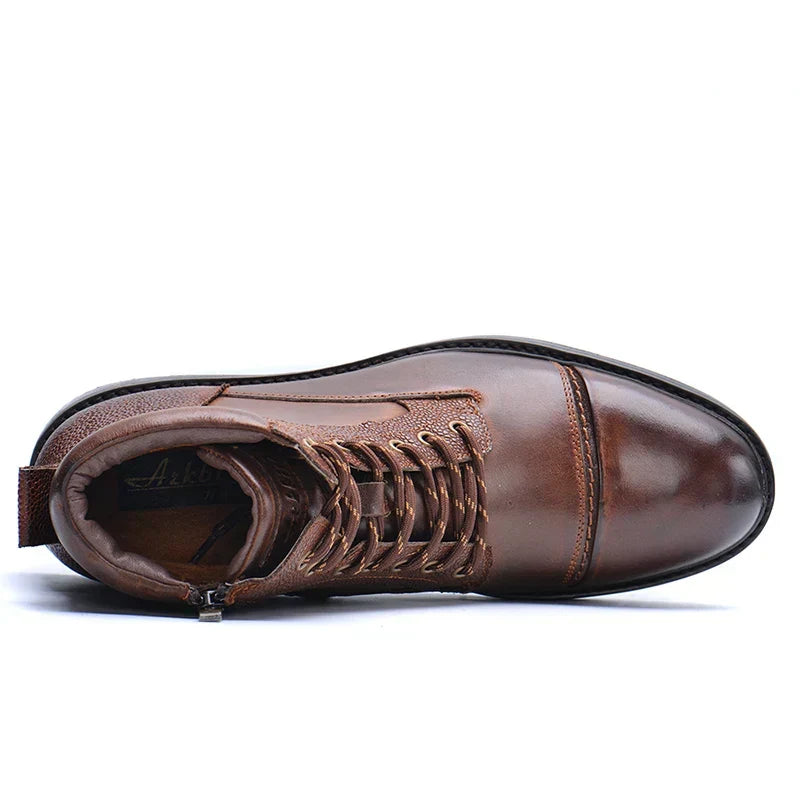Men's Boot Leather Lace Up Side Zipper Textured Panel