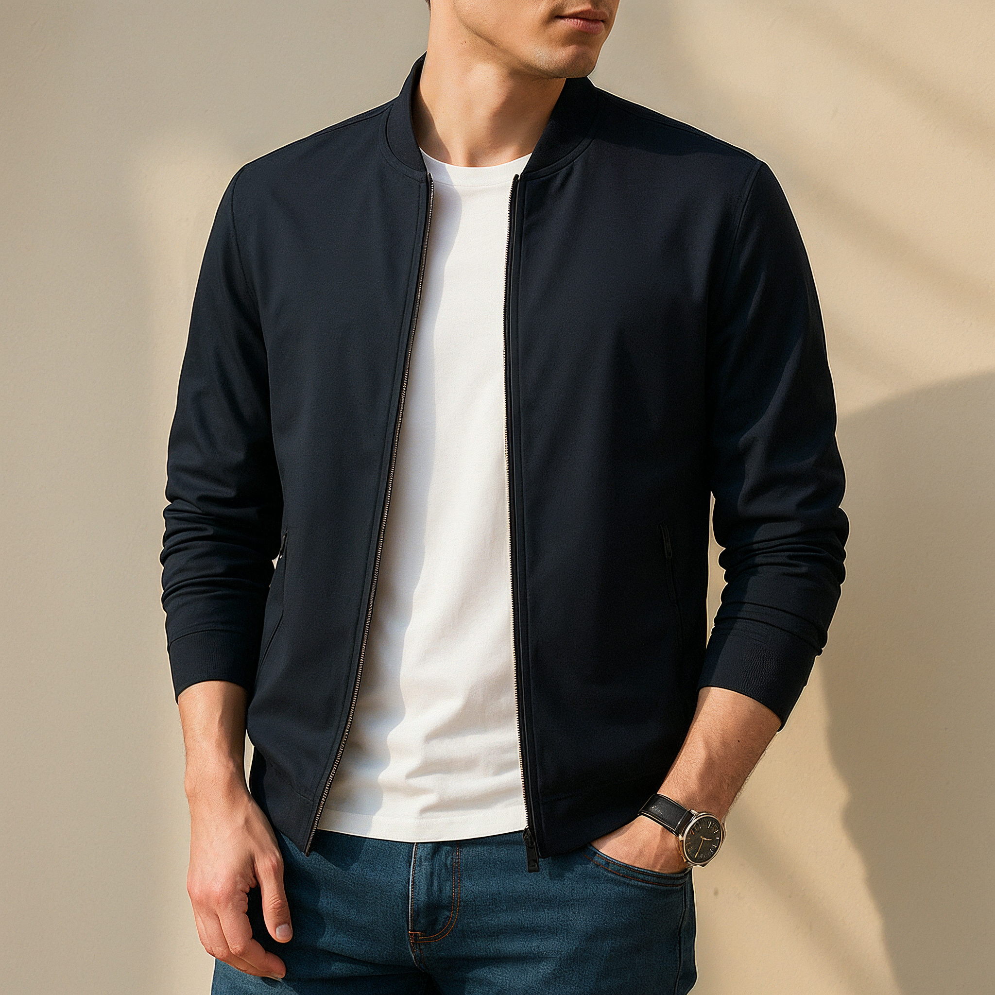 Lightweight bomber jacket with zip closure regular fit men