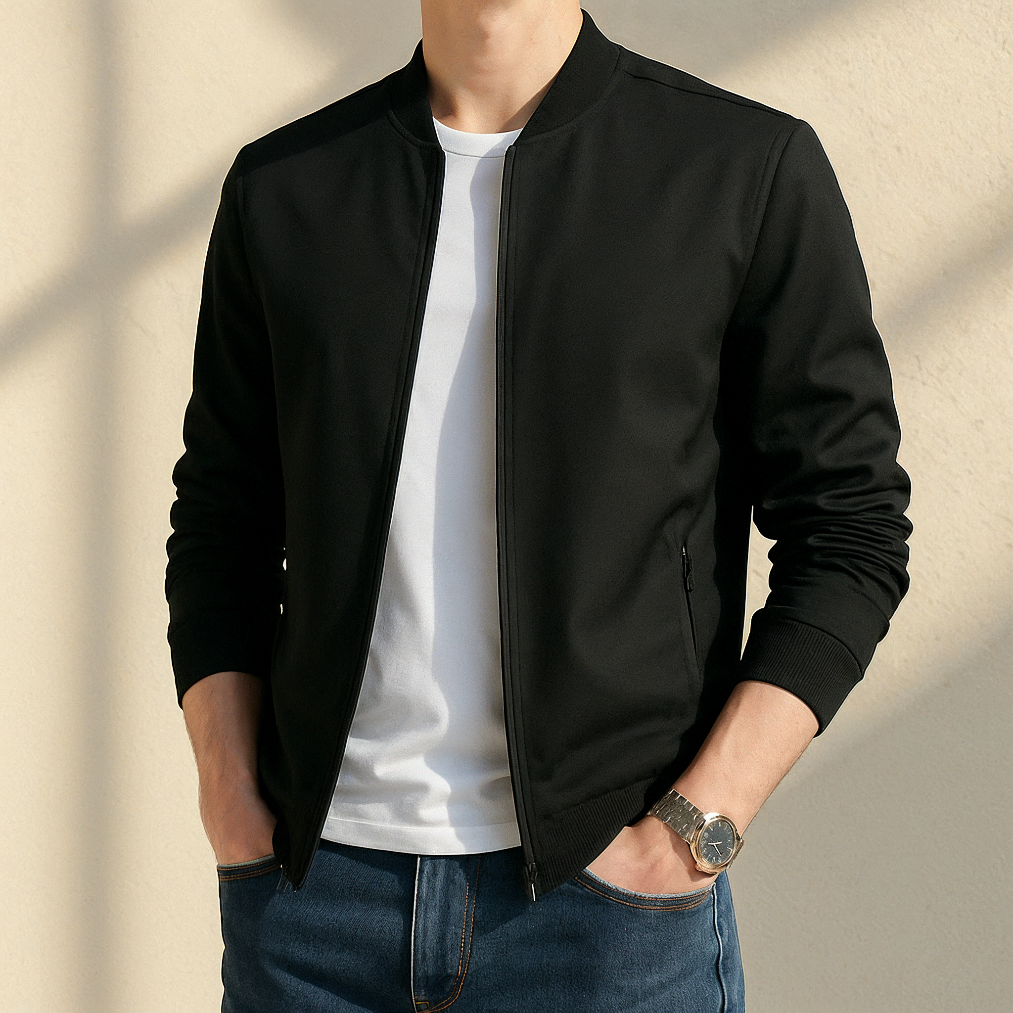 Polyester bomber jacket with ribbed cuffs regular fit menswear
