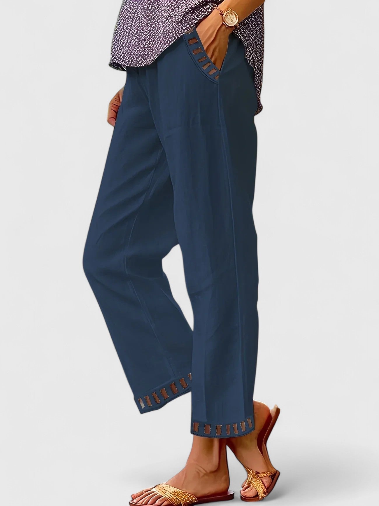 Women's Cropped Pants Contrast Trim Adjustable Waistband Casual
