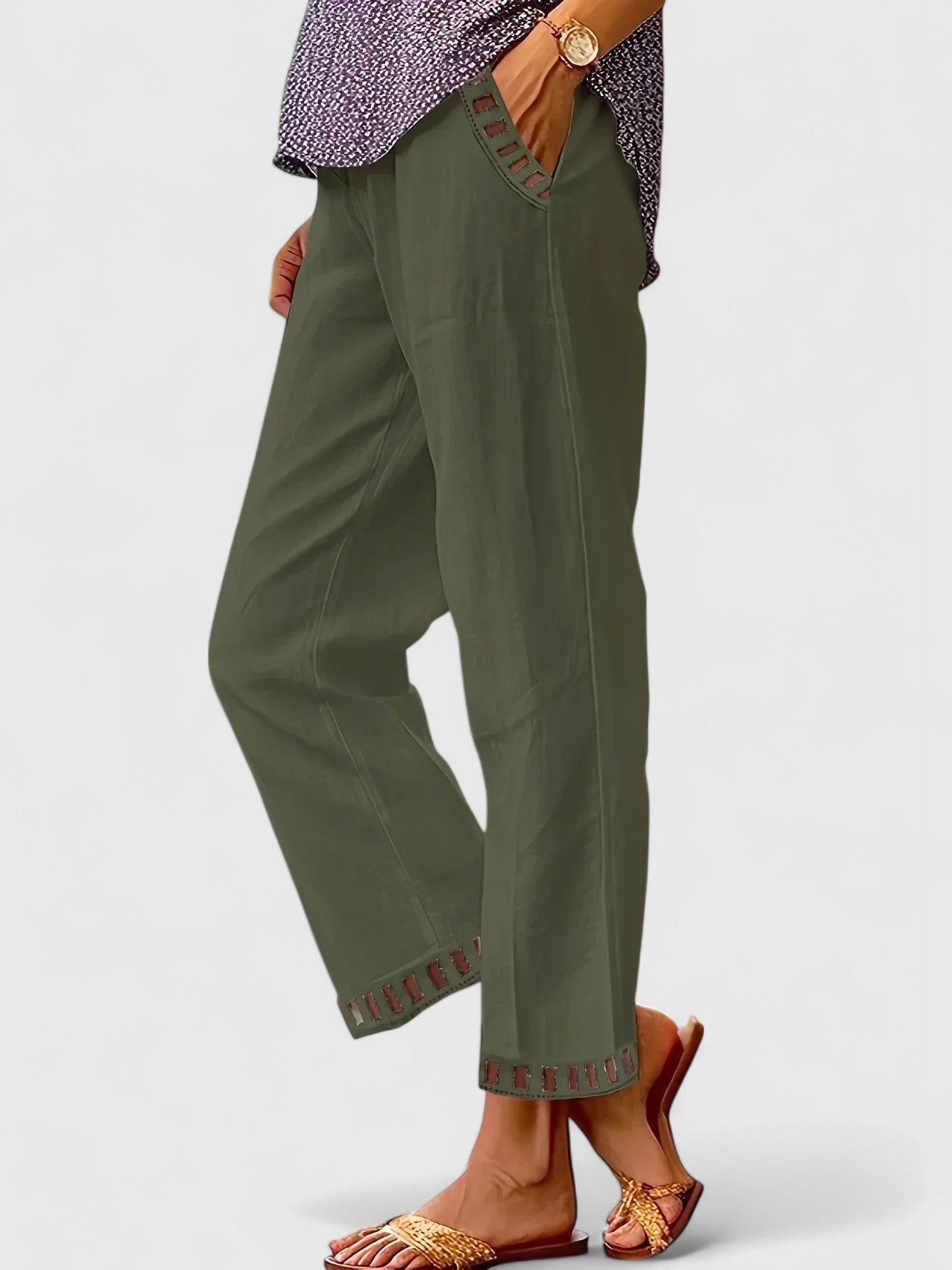 Women's Cropped Pants Contrast Trim Adjustable Waistband Casual