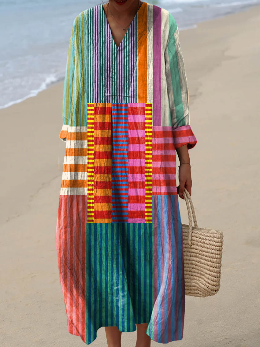 Women's Maxi Dress V-Neck Boho Patchwork Design