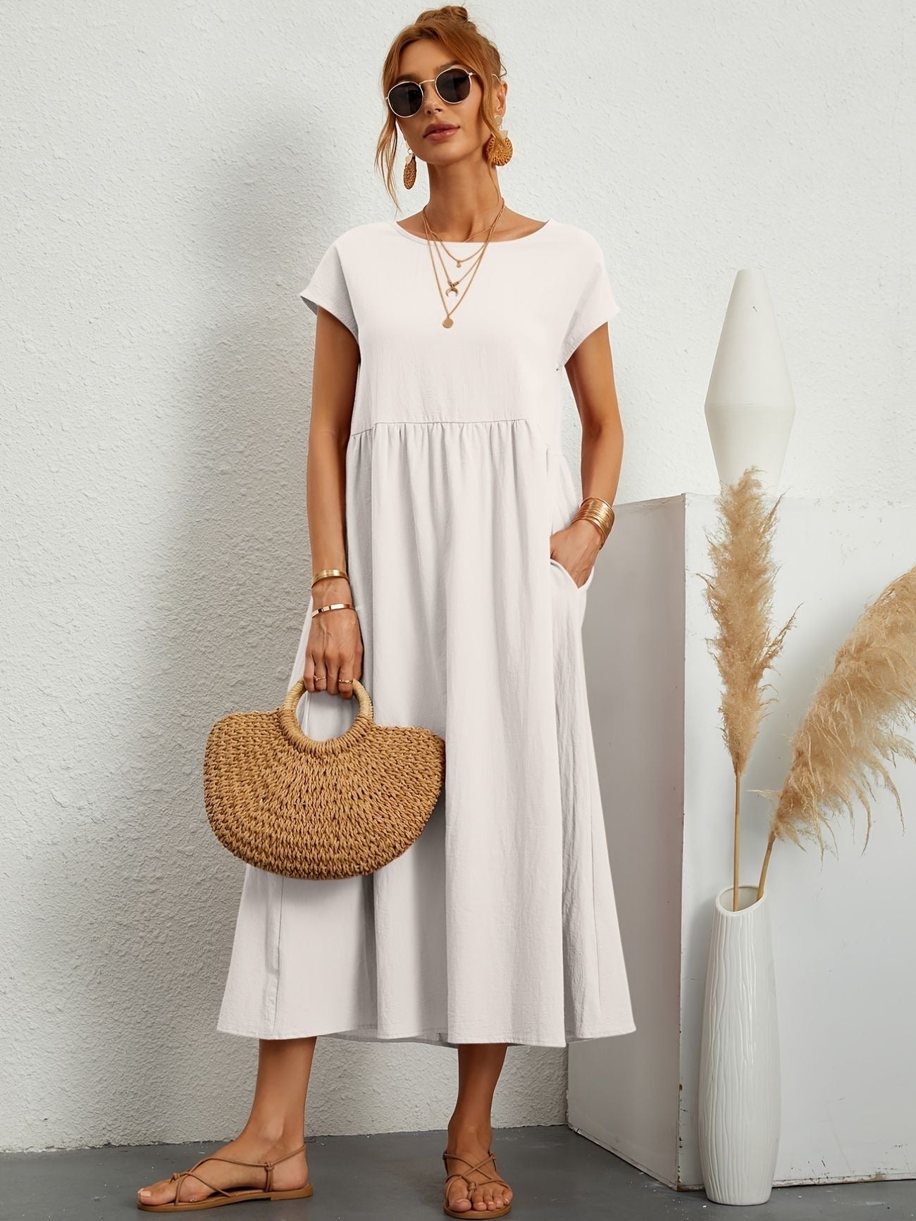 Women's Summer Dress Flowy Cotton V-Neck Sleeveless Casual