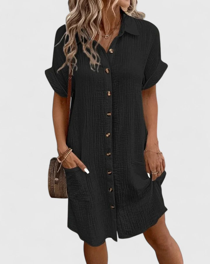 Women's Midi Summer Dress Casual Cotton V-Neck Short Sleeve