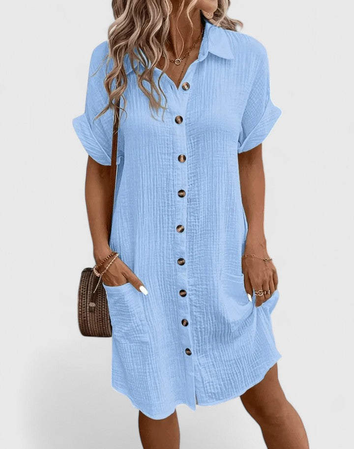 Women's Midi Summer Dress Casual Cotton V-Neck Short Sleeve
