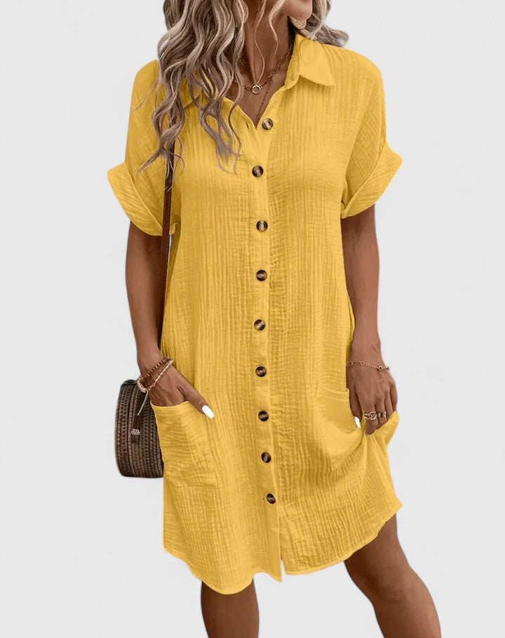 Women's Midi Summer Dress Casual Cotton V-Neck Short Sleeve