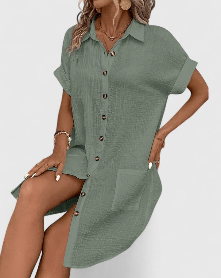 Women's Midi Summer Dress Casual Cotton V-Neck Short Sleeve