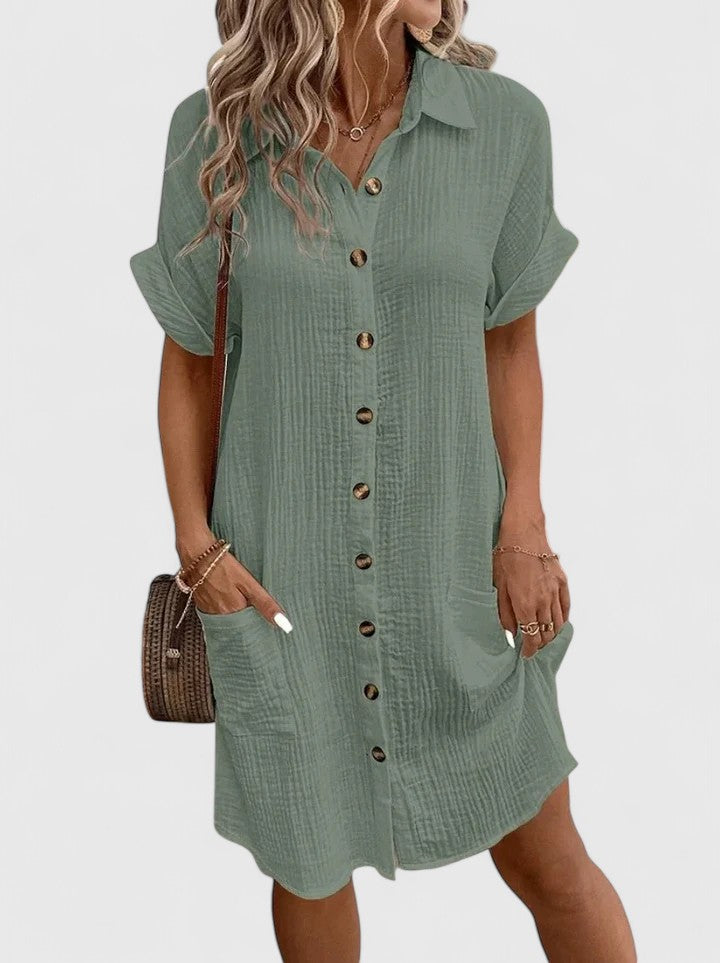 Women's Midi Summer Dress Casual Cotton V-Neck Short Sleeve
