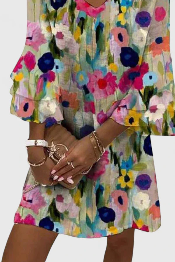 Women's Mini Dress Floral V-Neck Design