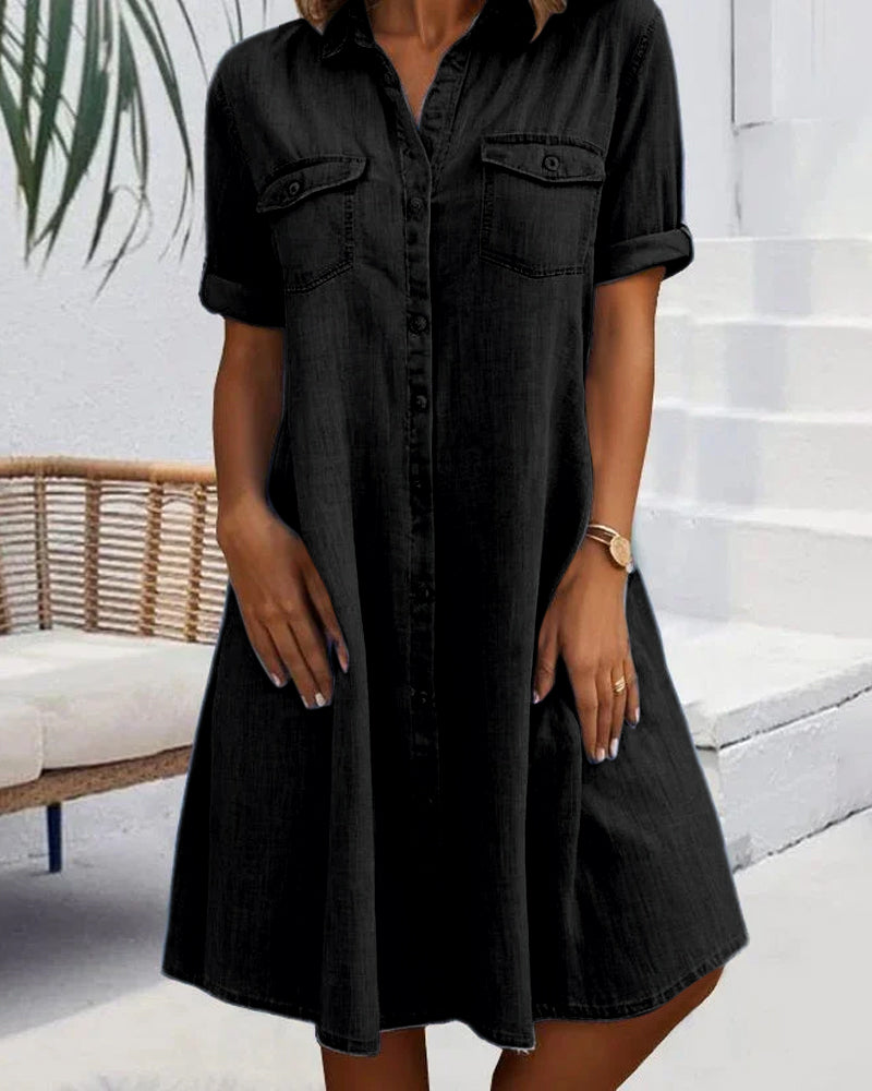 Women's Denim-Look Button-Down Dress | Casual Short Sleeve