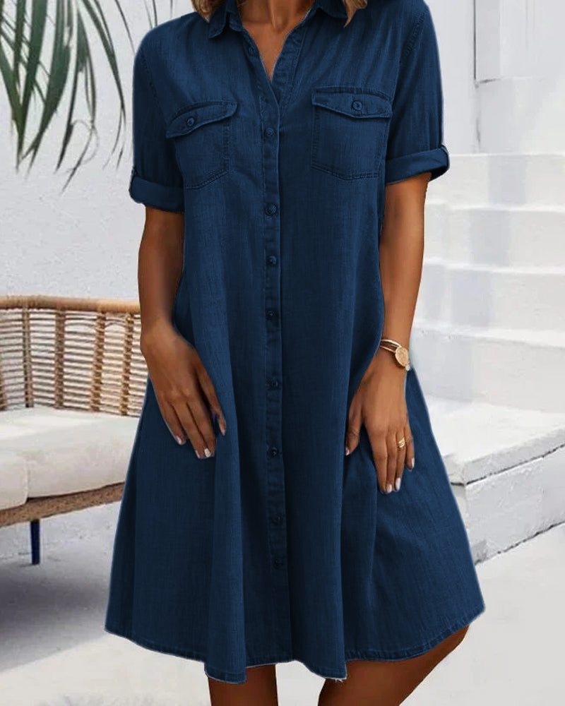 Women's Denim-Look Button-Down Dress | Casual Short Sleeve
