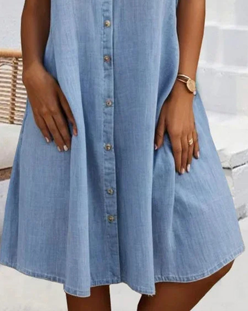 Women's Denim-Look Button-Down Dress | Casual Short Sleeve