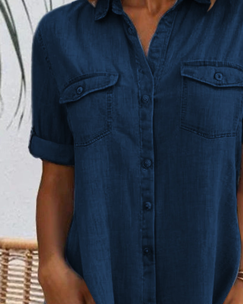 Women's Denim-Look Button-Down Dress | Casual Short Sleeve