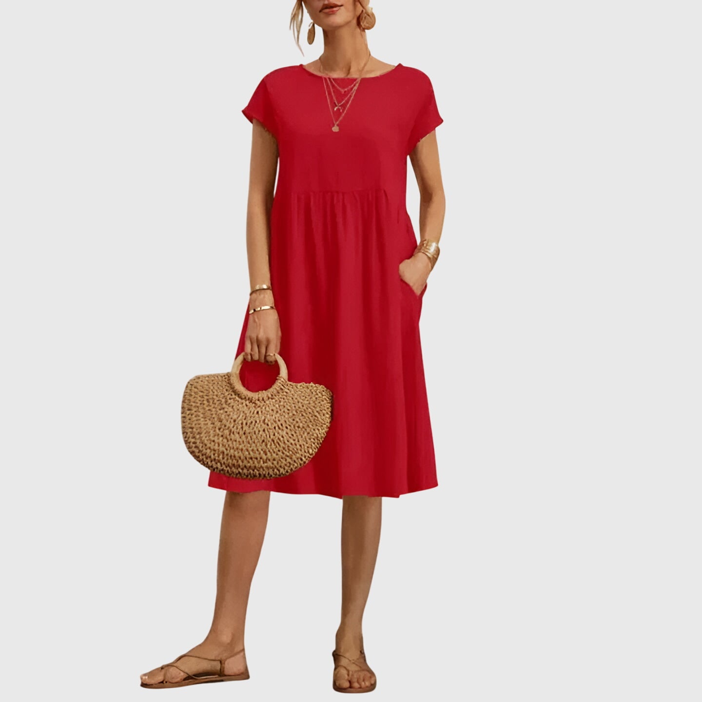 Women's Spring Dress Lightweight Versatile V-Neck Short Sleeve Casual