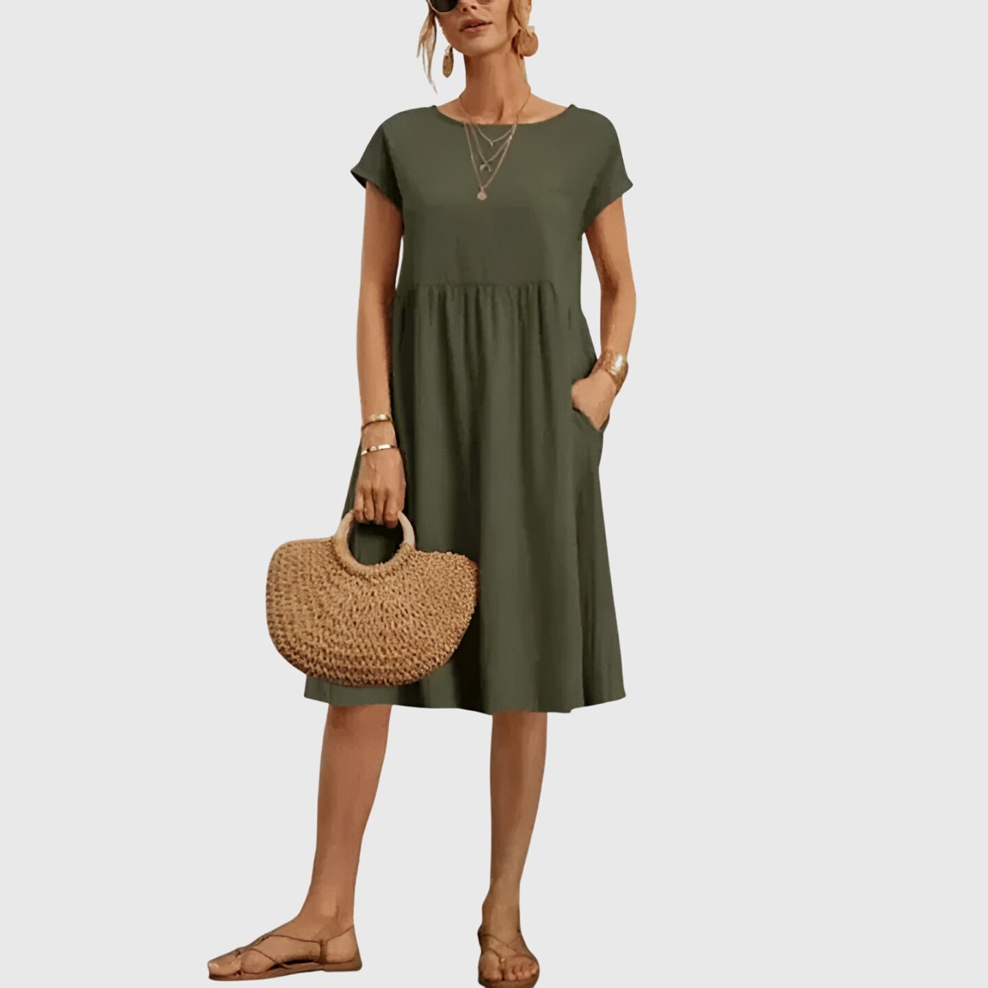 Women's Spring Dress Lightweight Versatile V-Neck Short Sleeve Casual