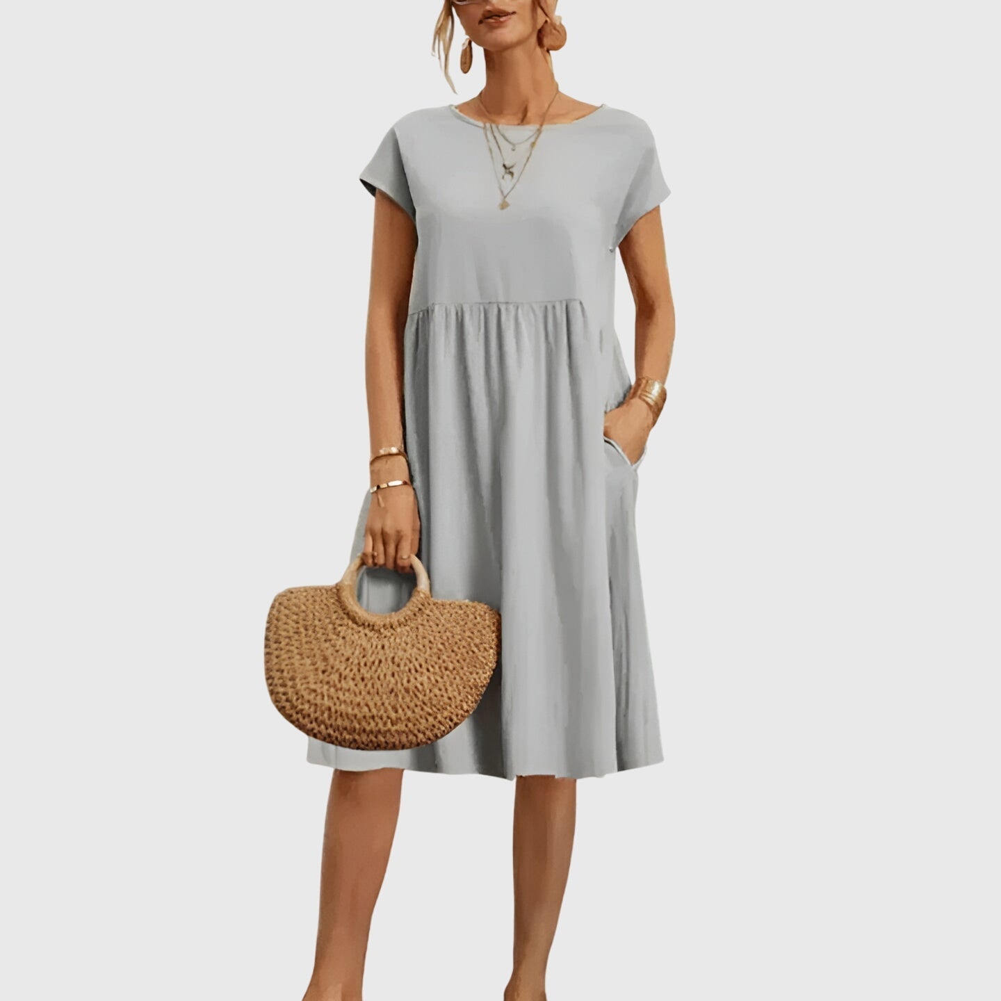 Women's Spring Dress Lightweight Versatile V-Neck Short Sleeve Casual