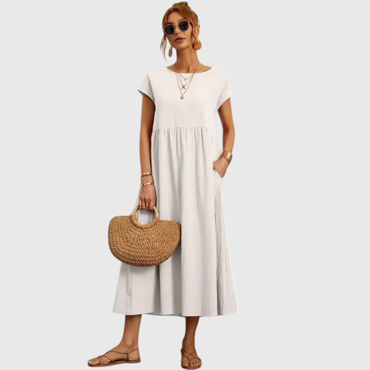 Women's Casual Midi Dress Pockets | Short Sleeve, Round Neck, Everyday Wear