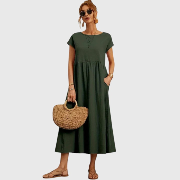 Women's Casual Midi Dress Pockets | Short Sleeve, Round Neck, Everyday Wear