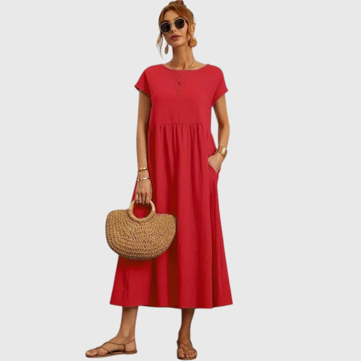 Women's Casual Midi Dress Pockets | Short Sleeve, Round Neck, Everyday Wear