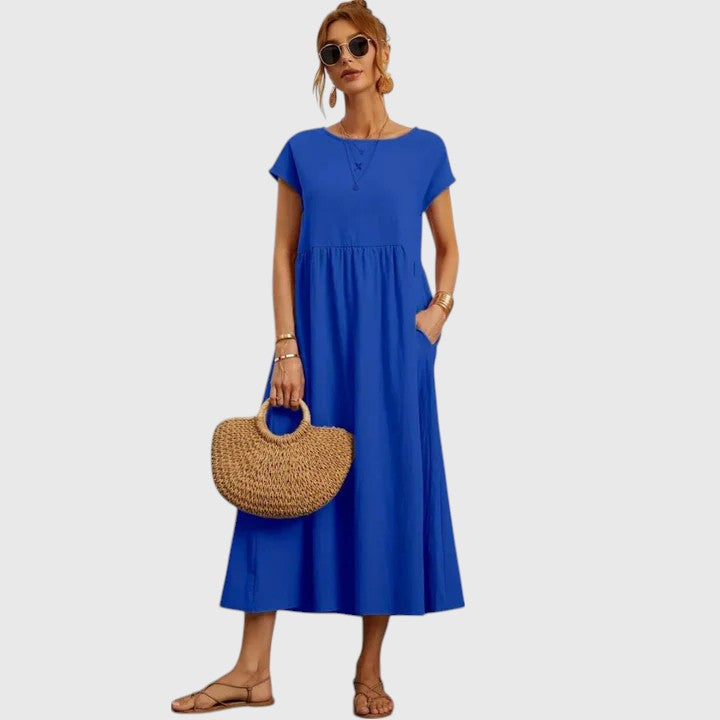 Women's Casual Midi Dress Pockets | Short Sleeve, Round Neck, Everyday Wear