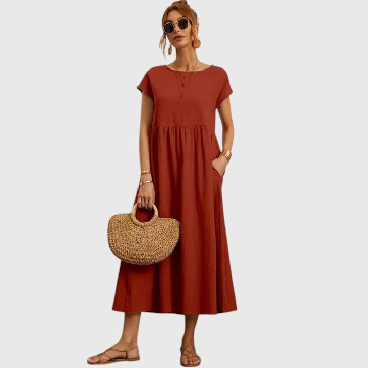 Women's Casual Midi Dress Pockets | Short Sleeve, Round Neck, Everyday Wear