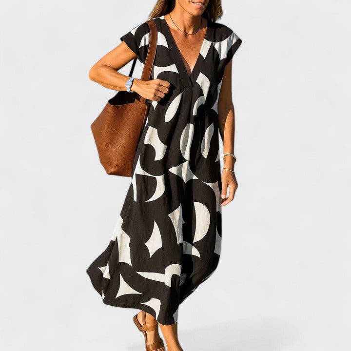 Women's V-Neck Print Dress | Short Sleeve, Casual, Elegant