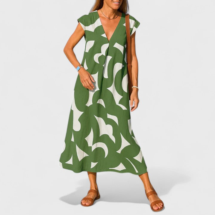 Women's V-Neck Print Dress | Short Sleeve, Casual, Elegant