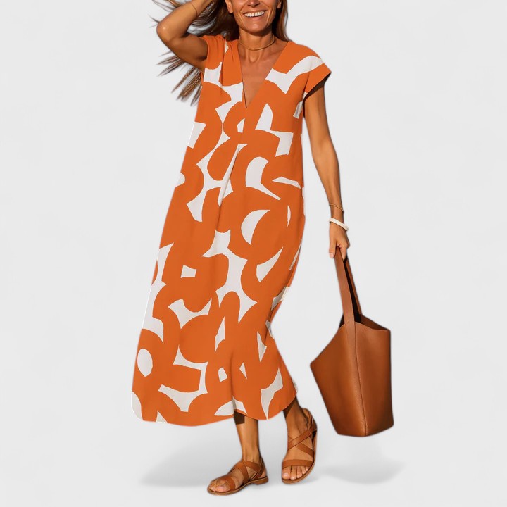 Women's V-Neck Print Dress | Short Sleeve, Casual, Elegant