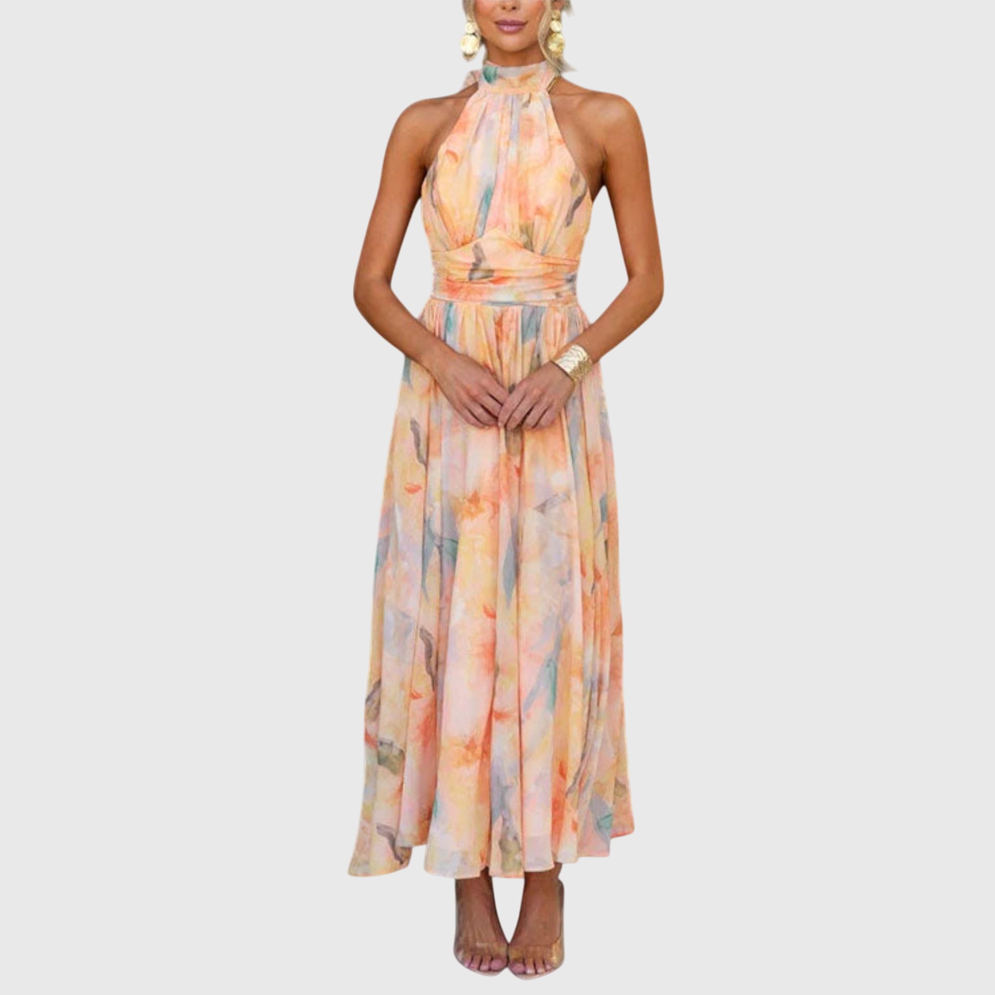 Women's Maxi Dress Halter Neck Watercolor Print Casual